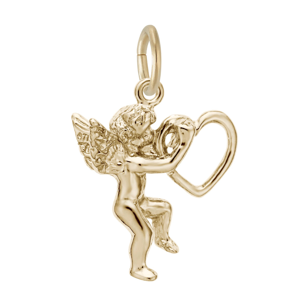 Gold angel charm with heart on a white background