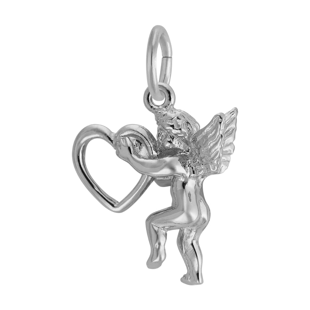Reverse side of a silver angel charm with heart on a white background