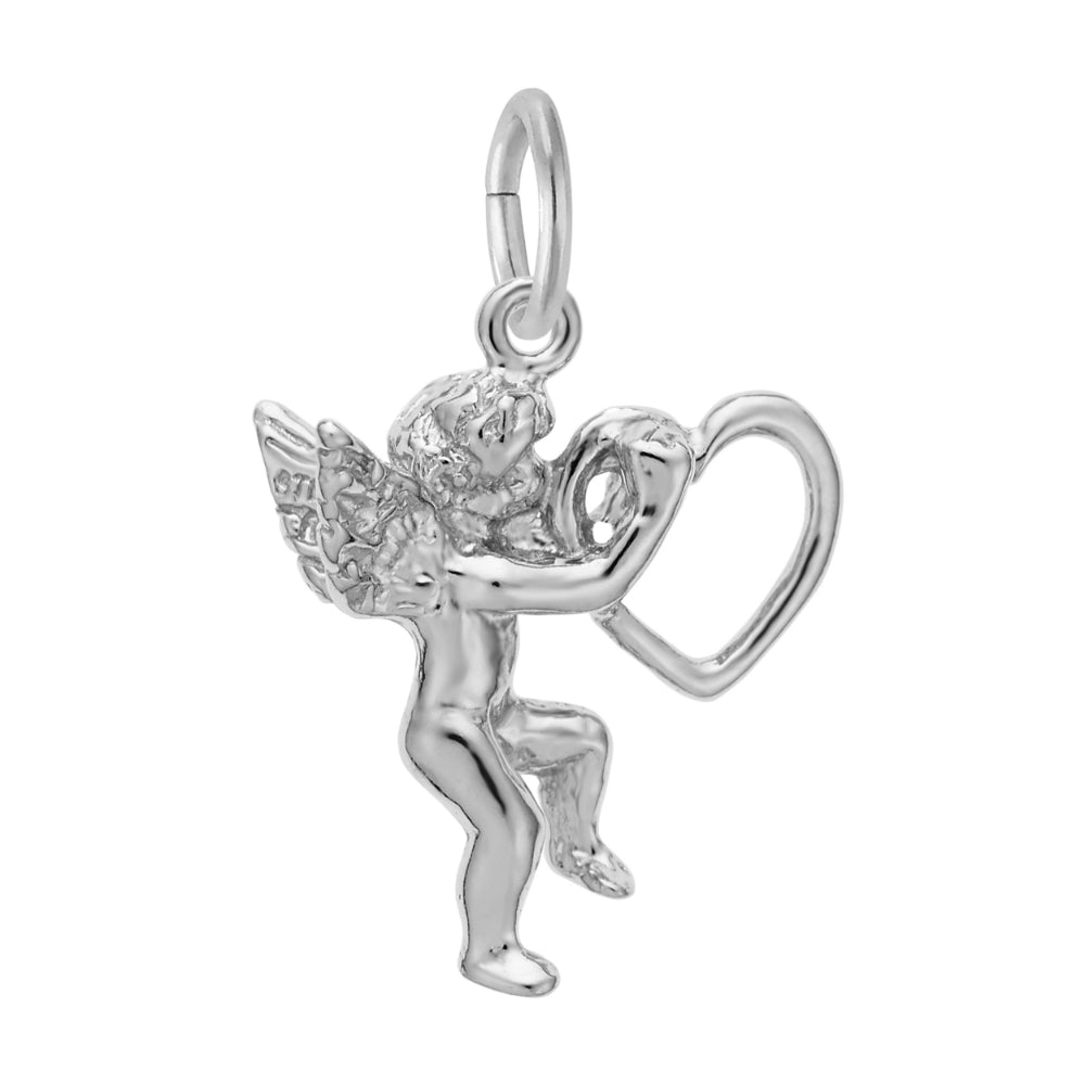 Silver angel charm with heart on a white background