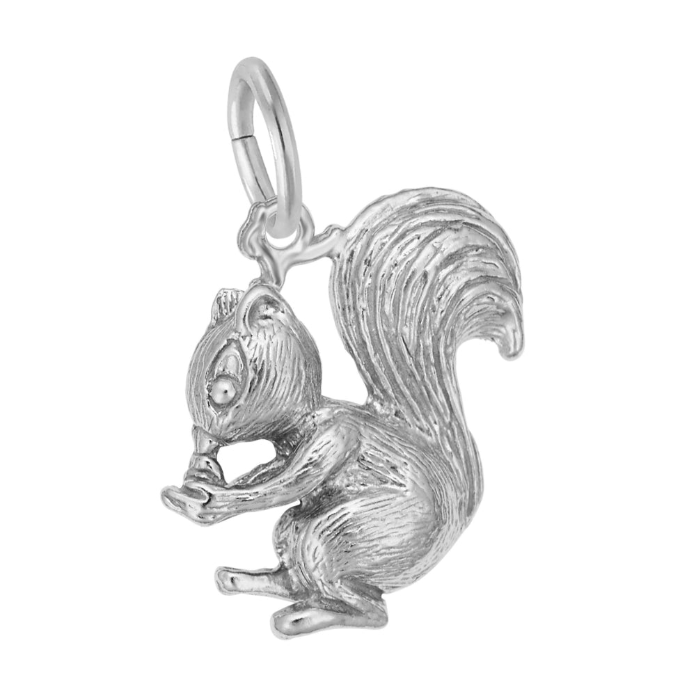 Silver squirrel charm on a white background