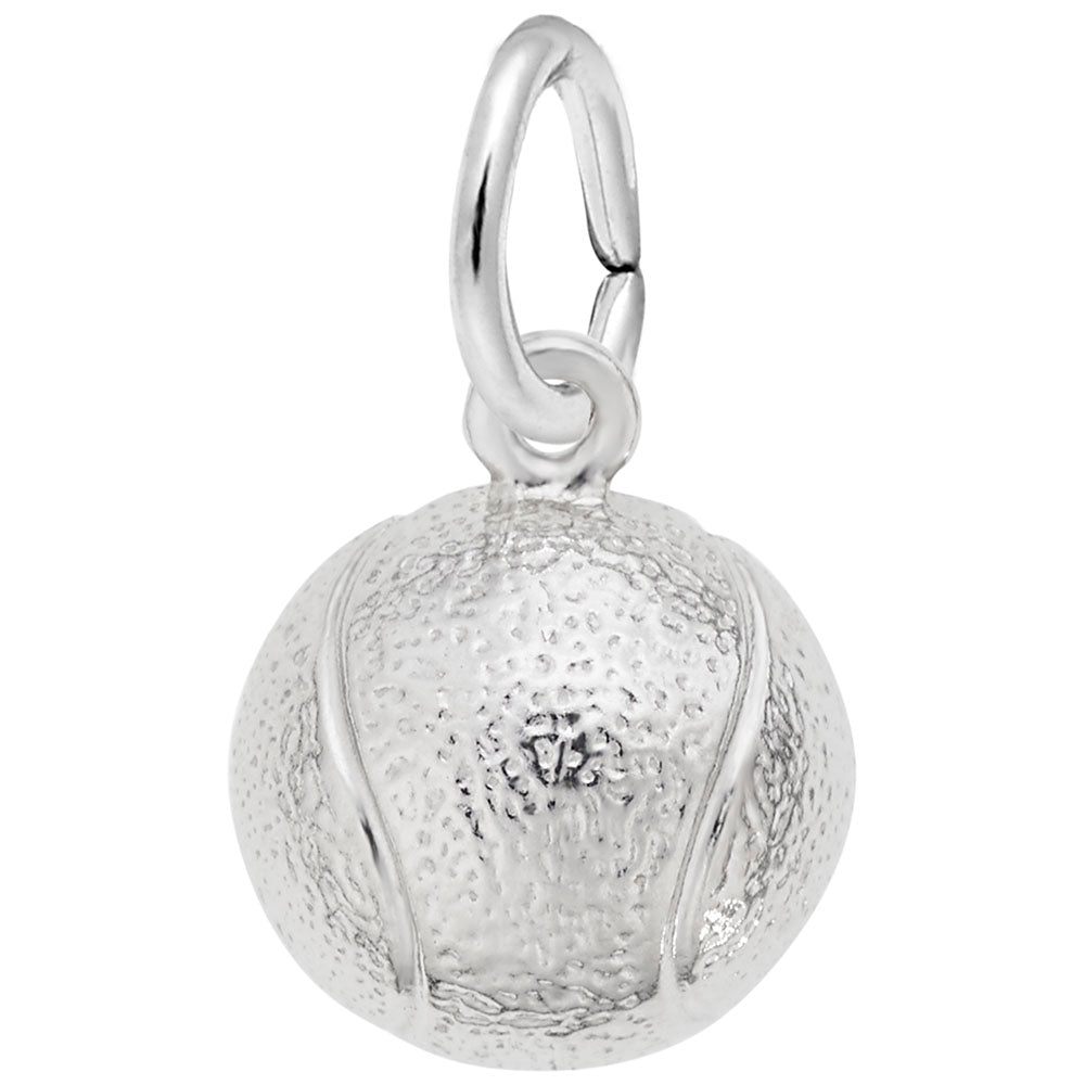 Silver tennis ball charm with engraved lines, and dimpled finish, shown on a plain white background