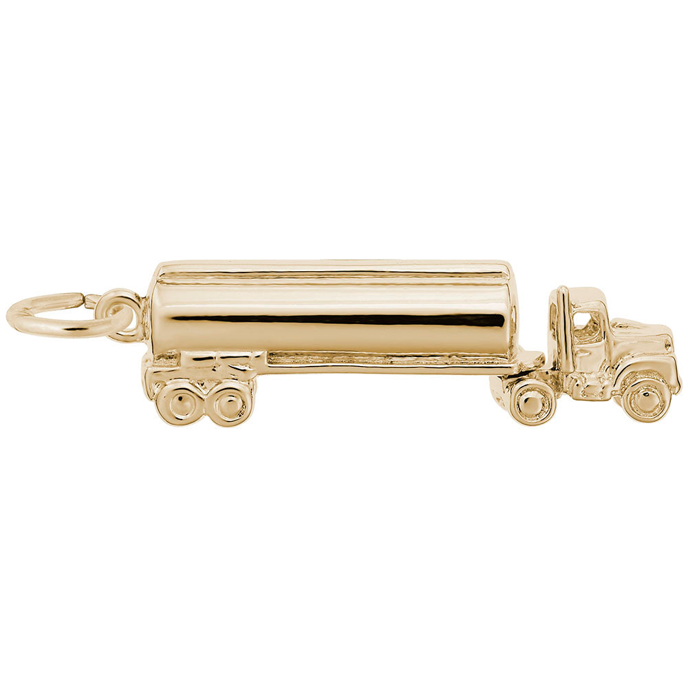 A polished gold tanker truck charm with a hanging loop, shown against a plain white background.