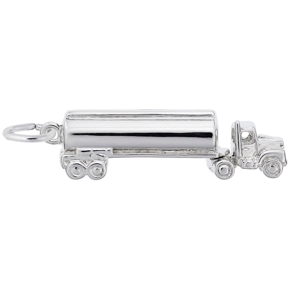 A polished silver tanker truck charm with a hanging loop, shown against a plain white background.