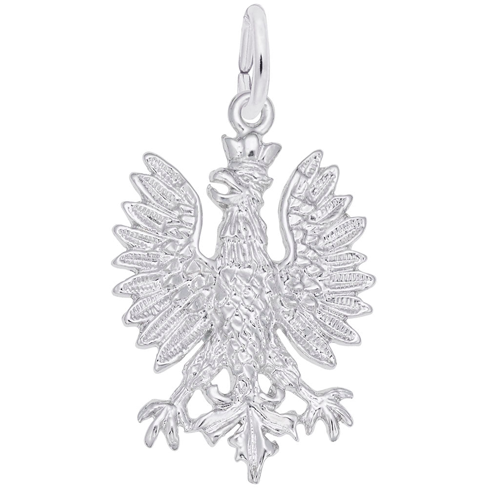 Silver Polish Eagle charm with feather details, shown on a white background