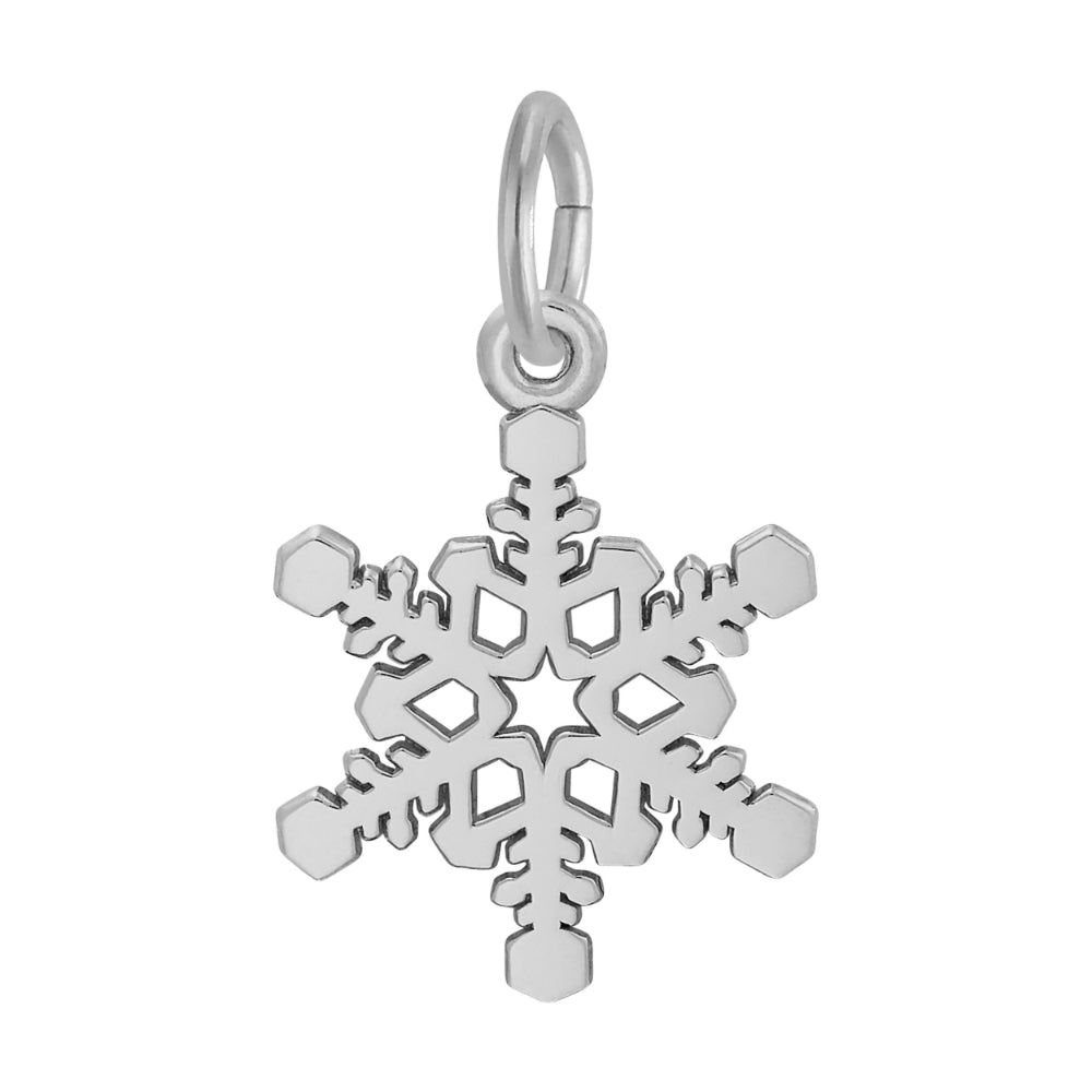 A silver snowflake-shaped charm with a polished finish and a top loop, shown on a plain white background.