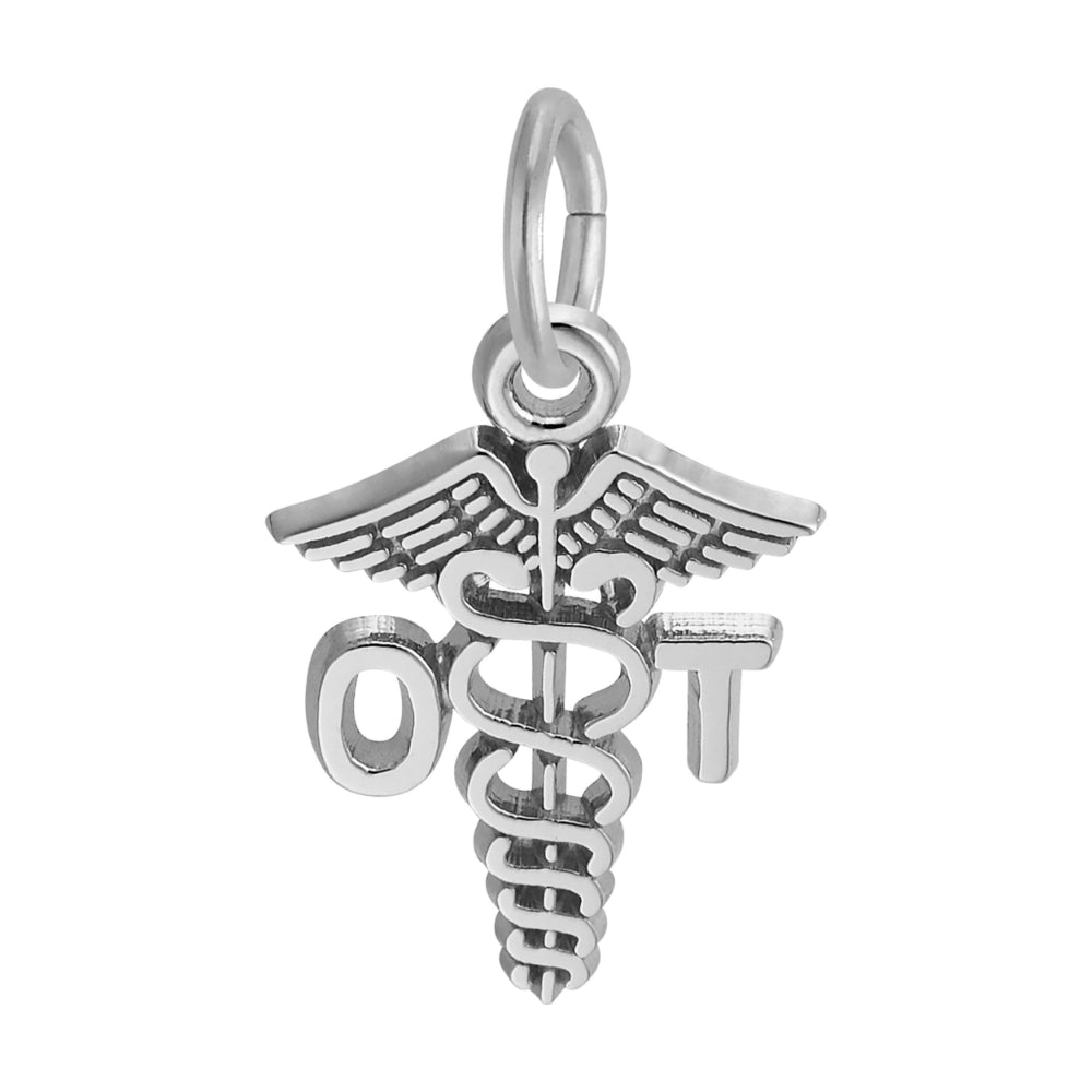 Silver medical caduceus charm with 'OT' letters on either side representing Occupational Therapy, shown on a plain white background