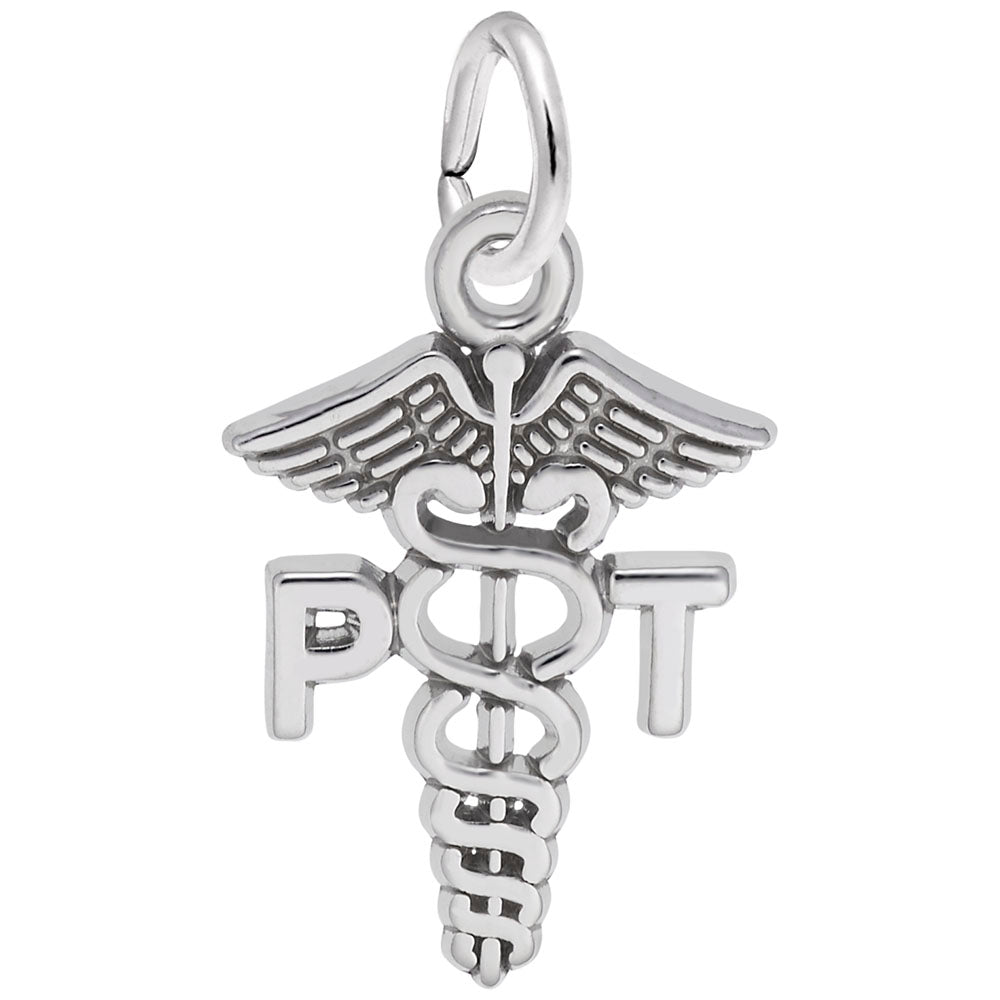 Silver medical caduceus charm with 'PT' letters on either side representing Physical Therapy, shown on a plain white background
