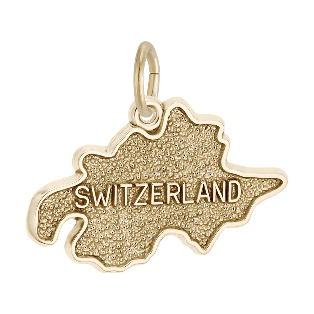 Gold charm shaped like Switzerland with 'SWITZERLAND' text engraved on a textured background, shown on a white background