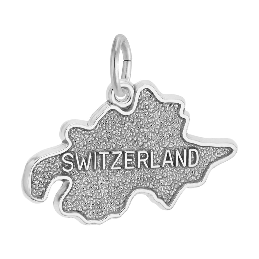 Silver charm shaped like Switzerland with 'SWITZERLAND' text engraved on a textured background, shown on a white background