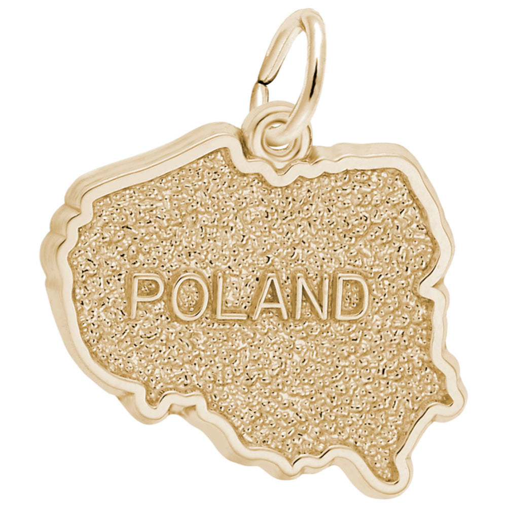 Gold charm shaped like the map of Poland with 'POLAND' engraved on a textured background, shown on a plain white background