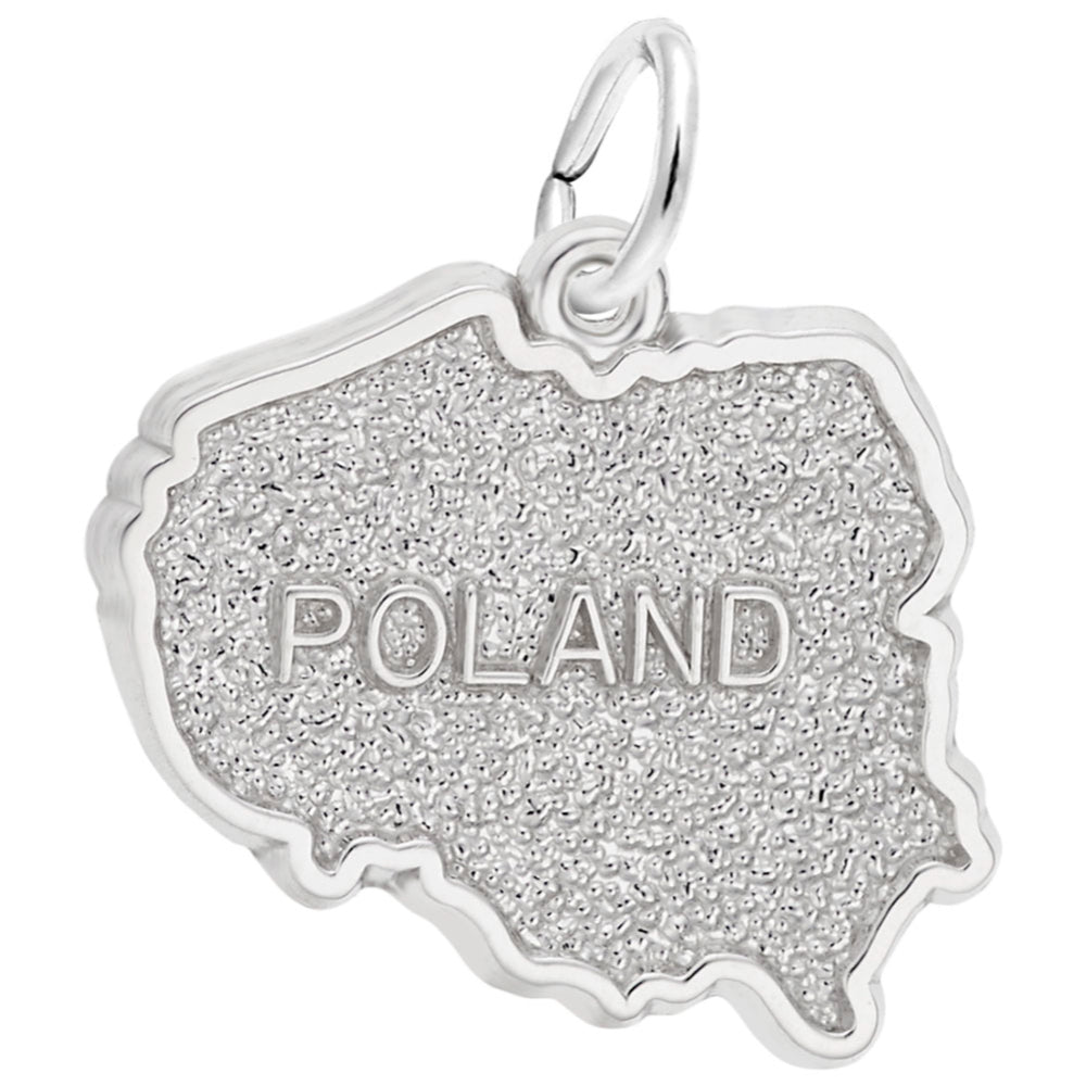 Silver charm shaped like the map of Poland with 'POLAND' engraved on a textured background, shown on a plain white background