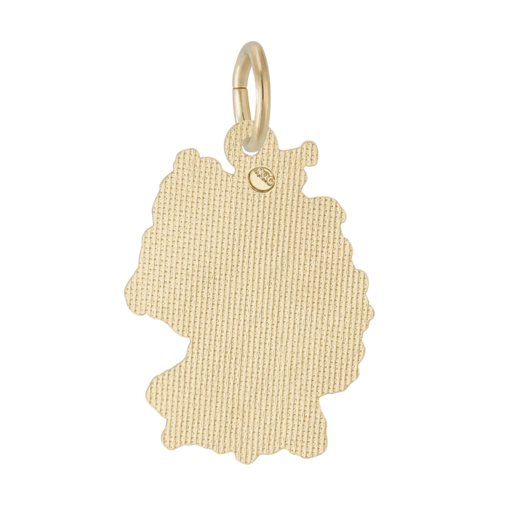 Gold charm shaped like the country of Germany with a textured finish, shown on a plain white background