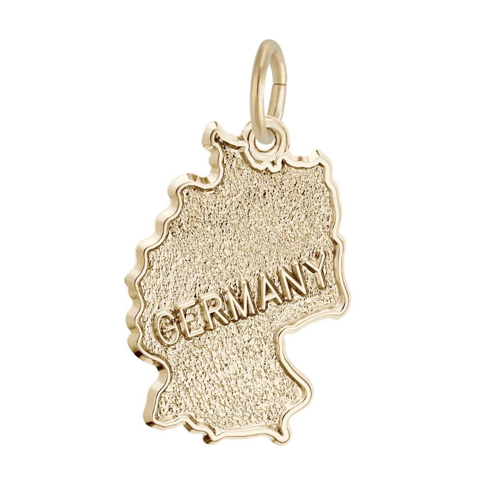 Gold charm shaped like the country of Germany with a textured finish and 'GERMANY' text, shown on a plain white background