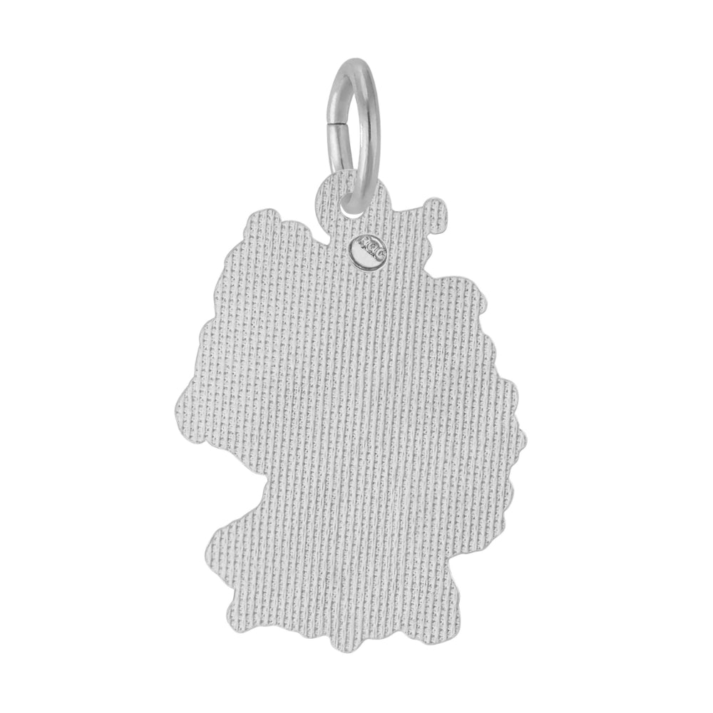 Silver charm shaped like the country of Germany with a textured finish, shown on a plain white background