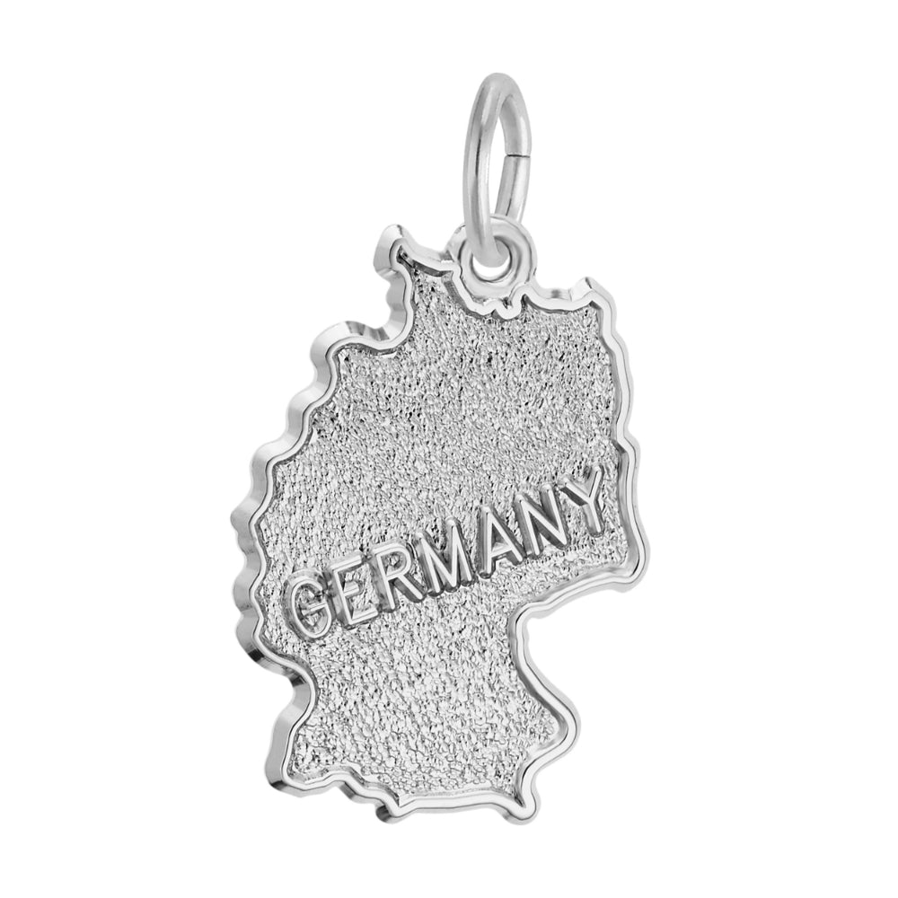 Silver charm shaped like the country of Germany with a textured finish and 'GERMANY' text, shown on a plain white background