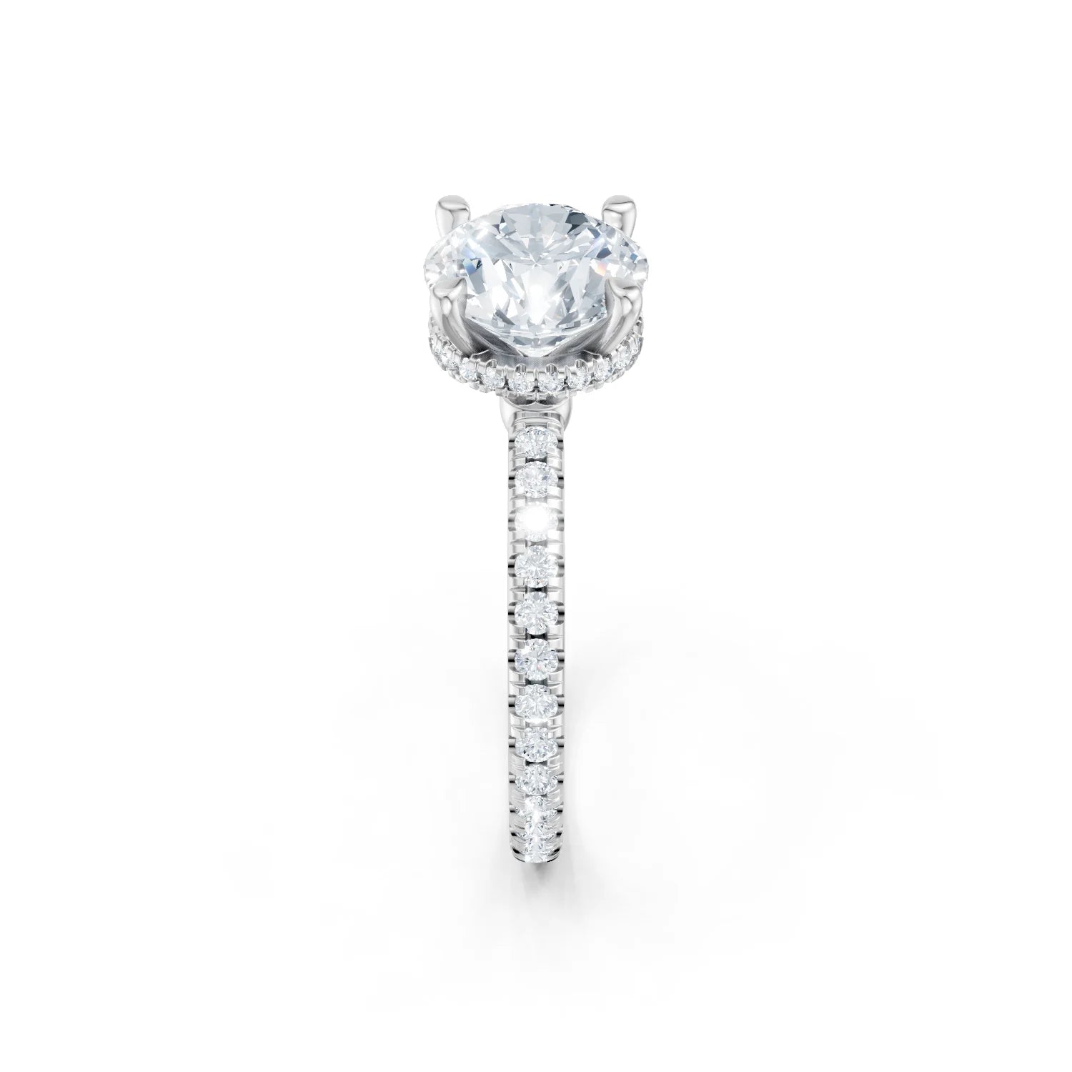 Diamond ring with a central gemstone and smaller diamonds on a white background