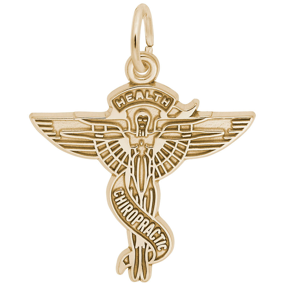Gold caduceus charm with 'HEALTH' and 'CHIROPRACTIC' text engraved, showed on a plain white background
