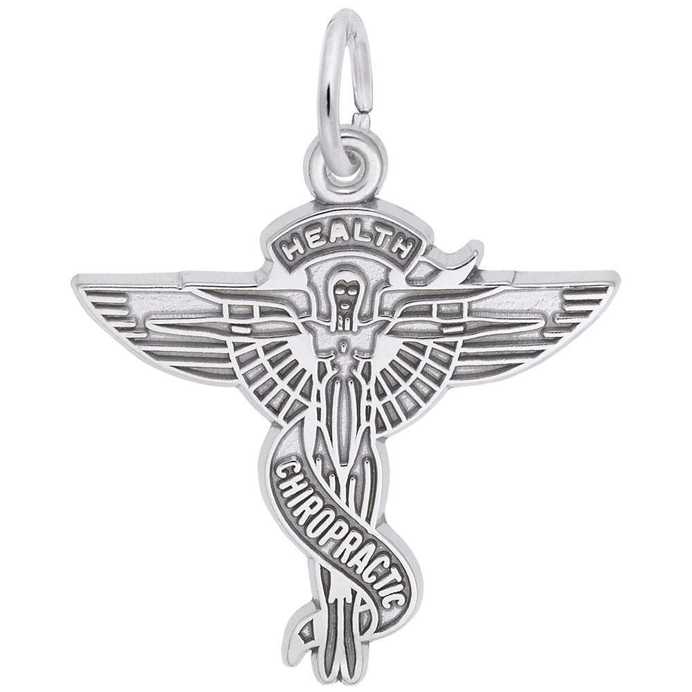 Silver caduceus charm with 'HEALTH' and 'CHIROPRACTIC' text engraved, showed on a plain white background