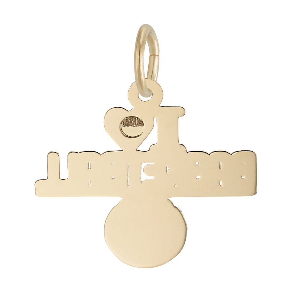 Back of a gold 'I ❤️ BASKETBALL' text and basketball charm design on a white background