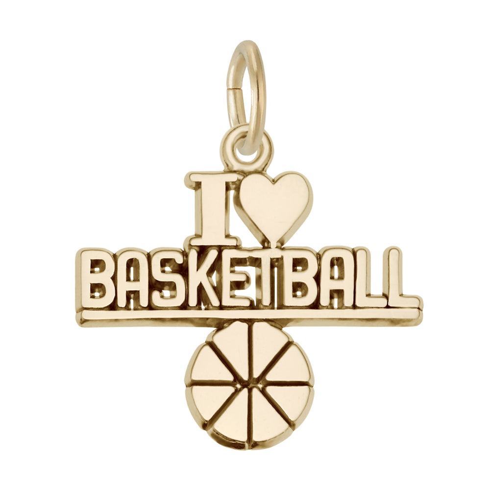 Gold 'I ❤️ BASKETBALL' text and basketball charm design on a white background