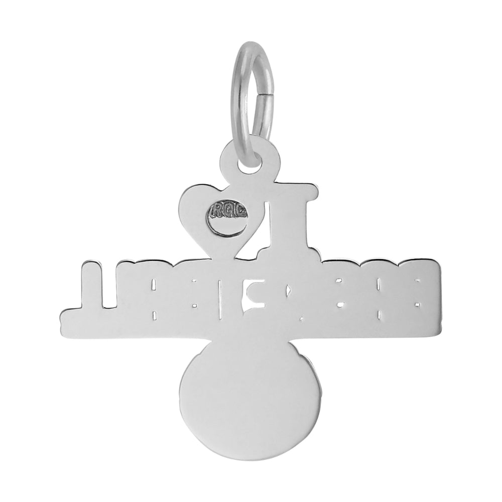 Back of a silver 'I ❤️ BASKETBALL' text and basketball charm design on a white background