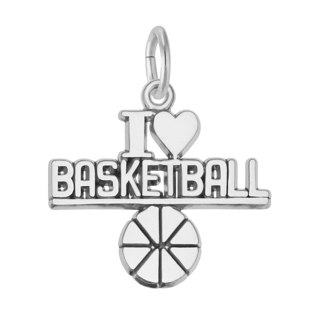 Silver 'I ❤️ BASKETBALL' text and basketball charm design on a white background