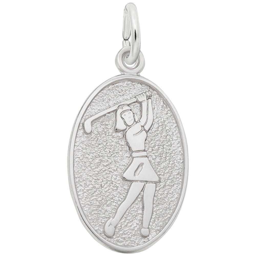 An oval silver charm featuring an engraved silhouette of a female golfer mid-swing, set against a textured background with a polished border, shown on a plain white background