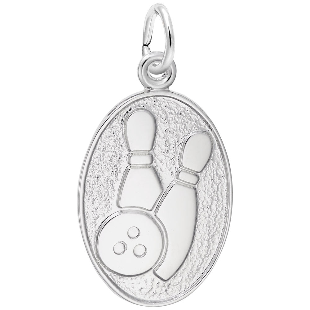 Silver oval charm with a textured finish and a bowling ball and 2 bowling pins engraved upon it, shown on a plain white background