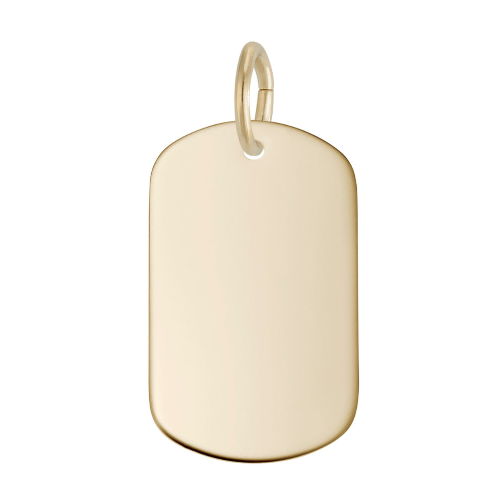 Gold dog tag charm on a white background
