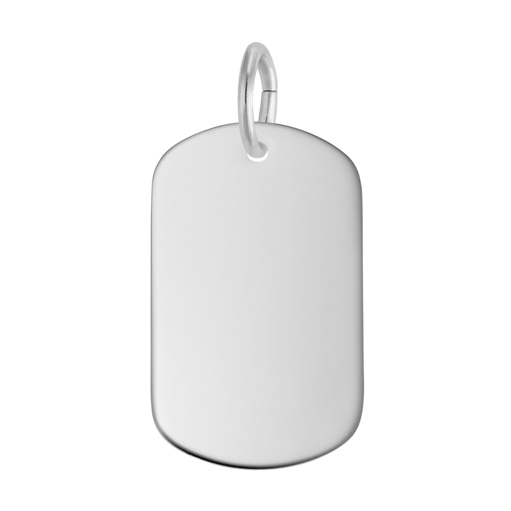 Silver dog tag charm on a white background