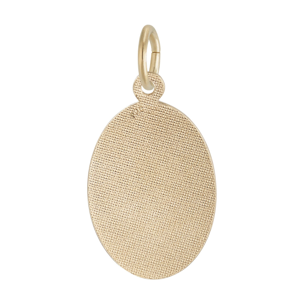 A gold oval charm with a textured, woven-like surface pattern, shown on a plain white background.