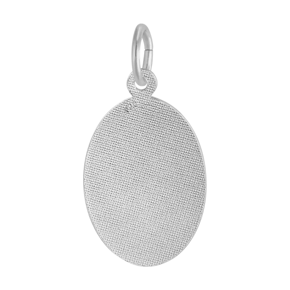 A silver oval charm with a textured, woven-like surface pattern, shown on a plain white background.