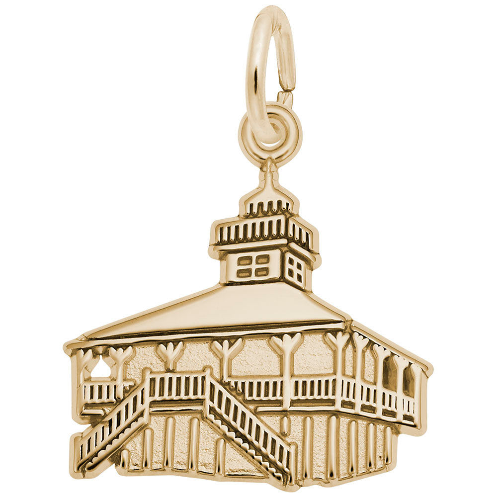 Gold charm shaped like Boca Grande, FL Lighthouse with engraved detailing, shown on a plain white background