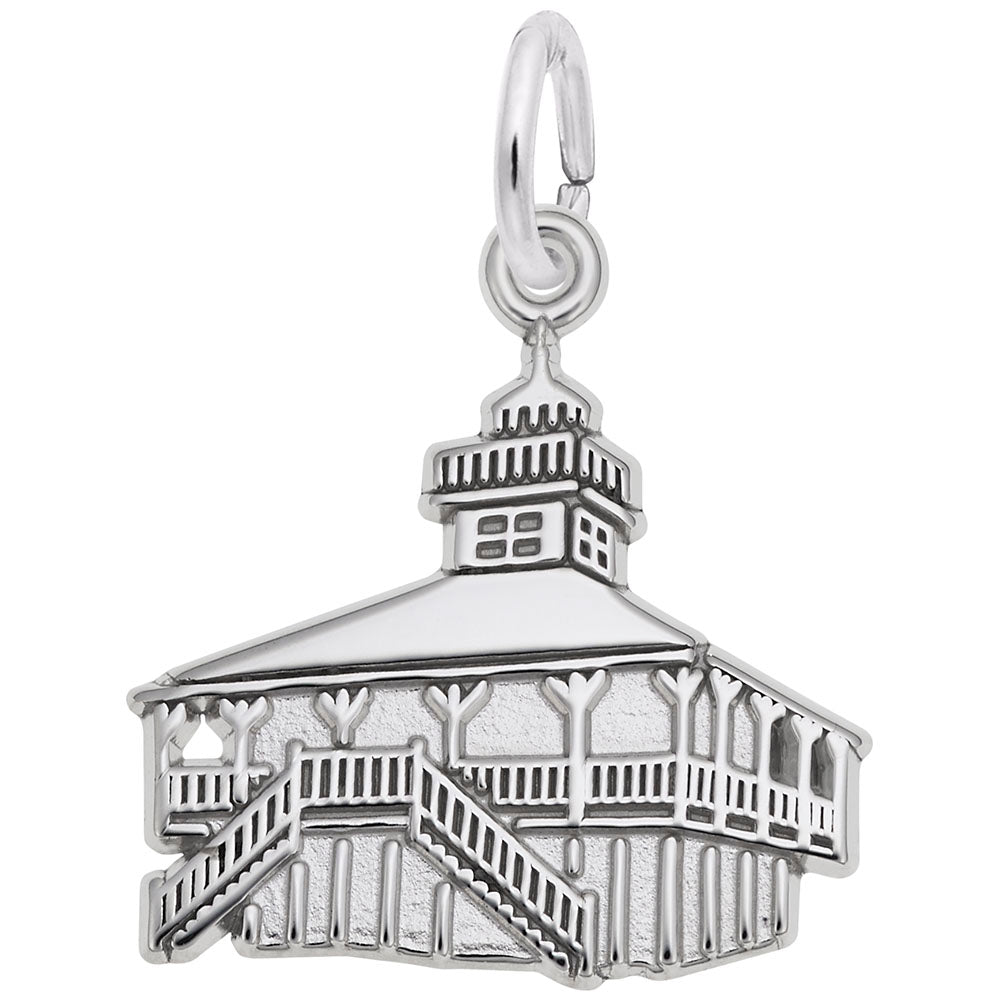 Silver charm shaped like Boca Grande, FL Lighthouse with engraved detailing, shown on a plain white background
