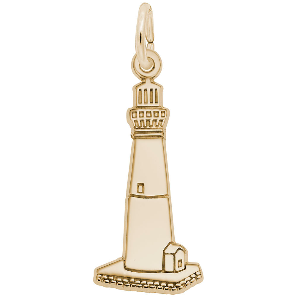Gold charm shaped like the Barnegat, NJ lighthouse with engraved details, shown on a white background