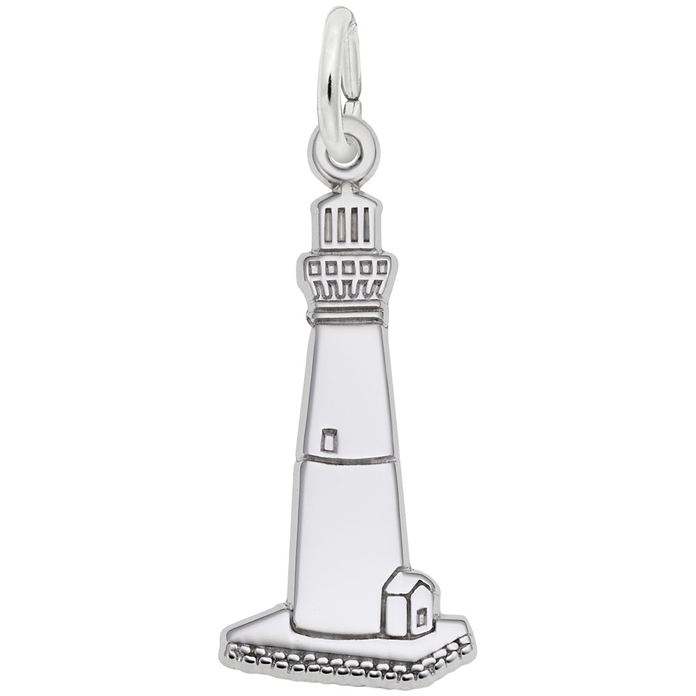 Silver charm shaped like the Barnegat, NJ lighthouse with engraved details, shown on a white background