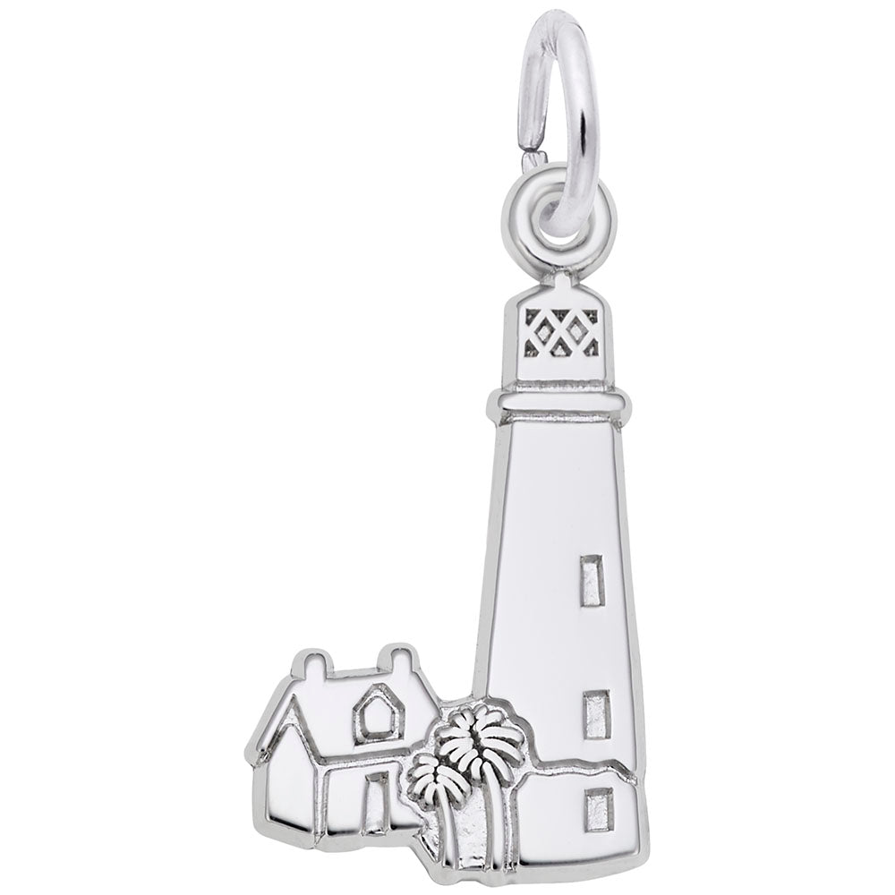Silver charm shaped like the Cape Florida Lighthouse with engraved windows and line details, shown on a plain white background