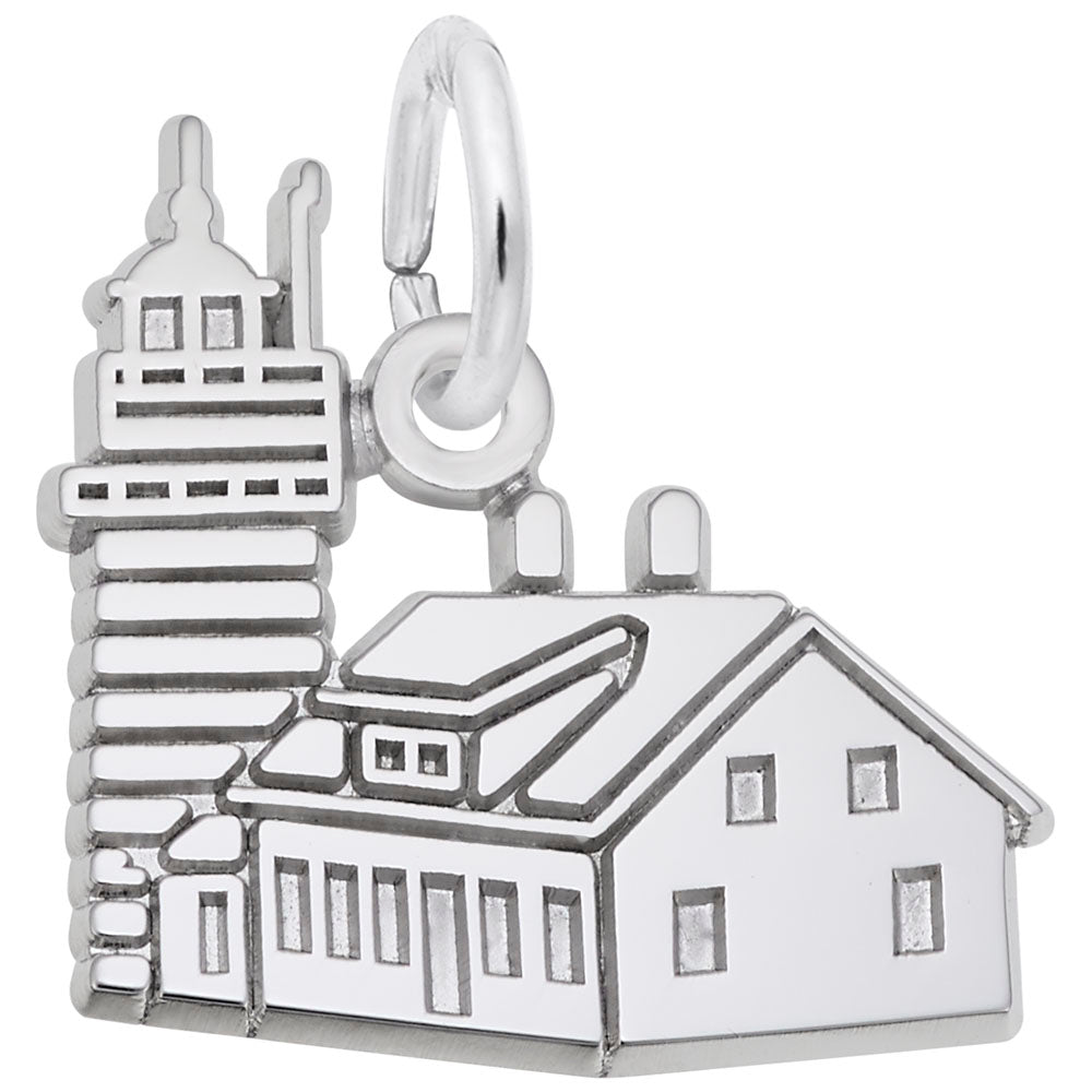 Silver charm shaped like the Quoddy Head Lighthouse with engraved line and window details, shown on a plain white background