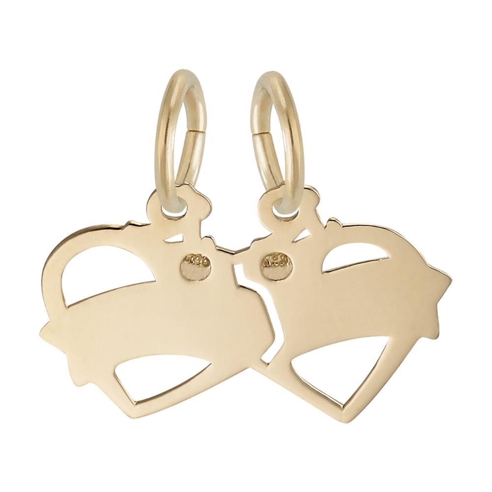Back of Two gold heart-shaped charms with 'BEST FRIEND' text on a white background