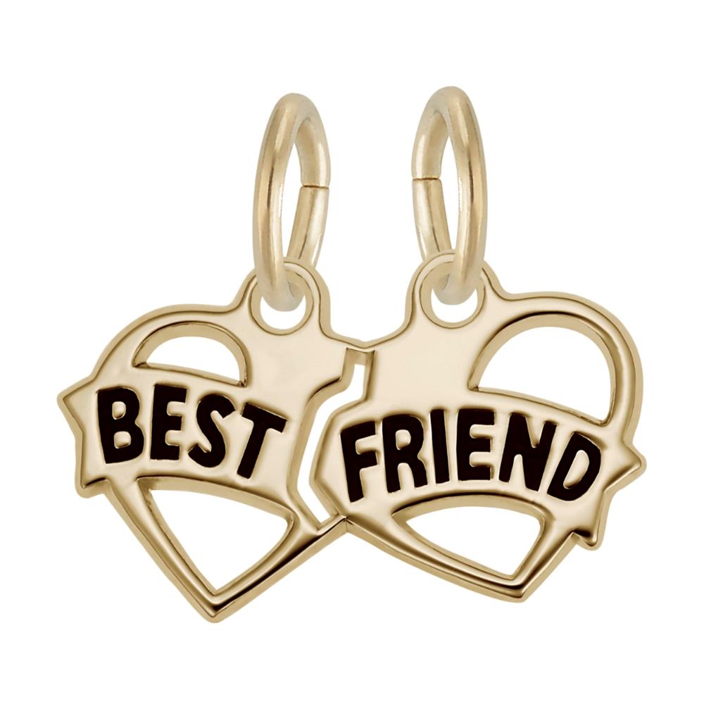Two gold heart-shaped charms with 'BEST FRIEND' text on a white background