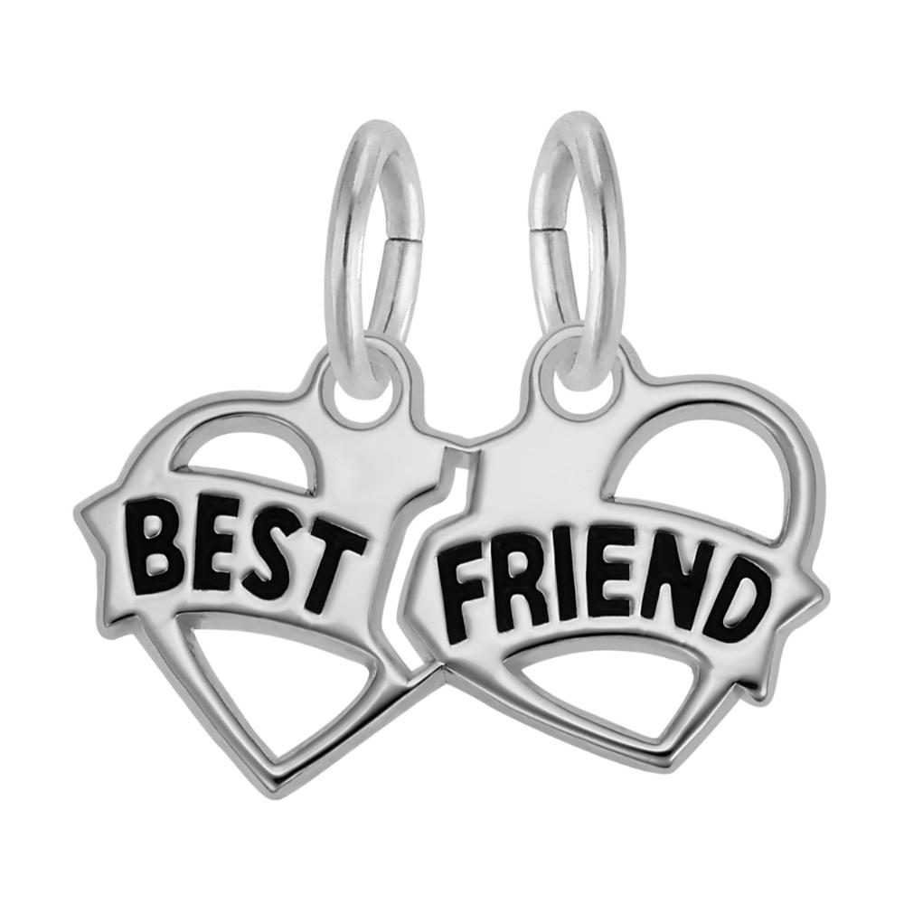 Two silver heart-shaped charms with 'BEST FRIEND' text on a white background