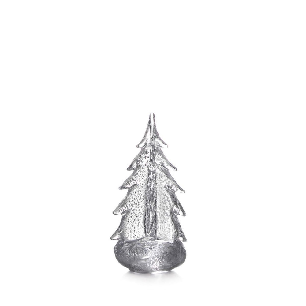 A Simon Pearce Silver Leaf Evergreen tree on a white background. 