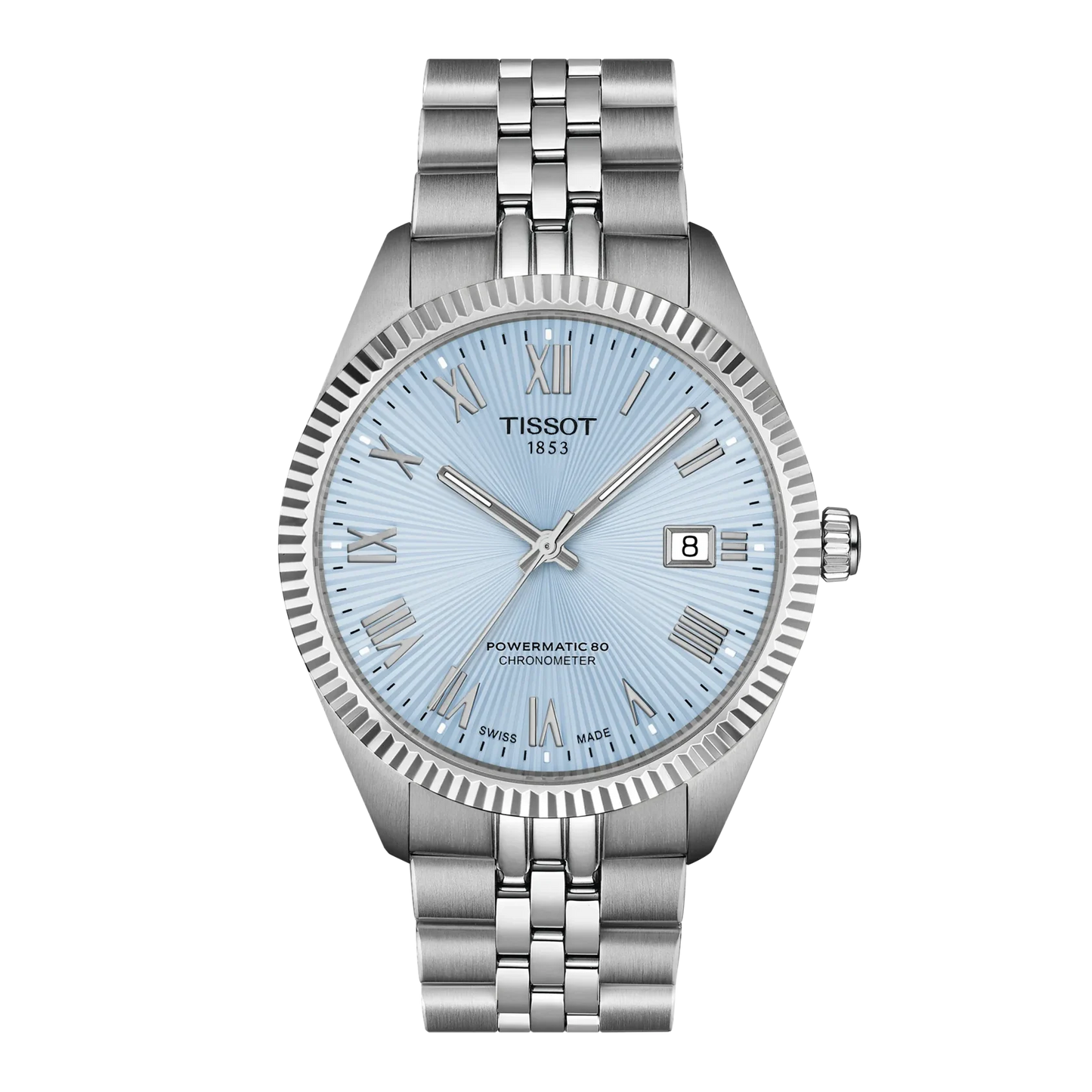 Tissot Powermatic 80 Automatic watch with a silver stainless steel case and link bracelet, featuring a light blue sunburst dial with silver-tone indices and a date window.