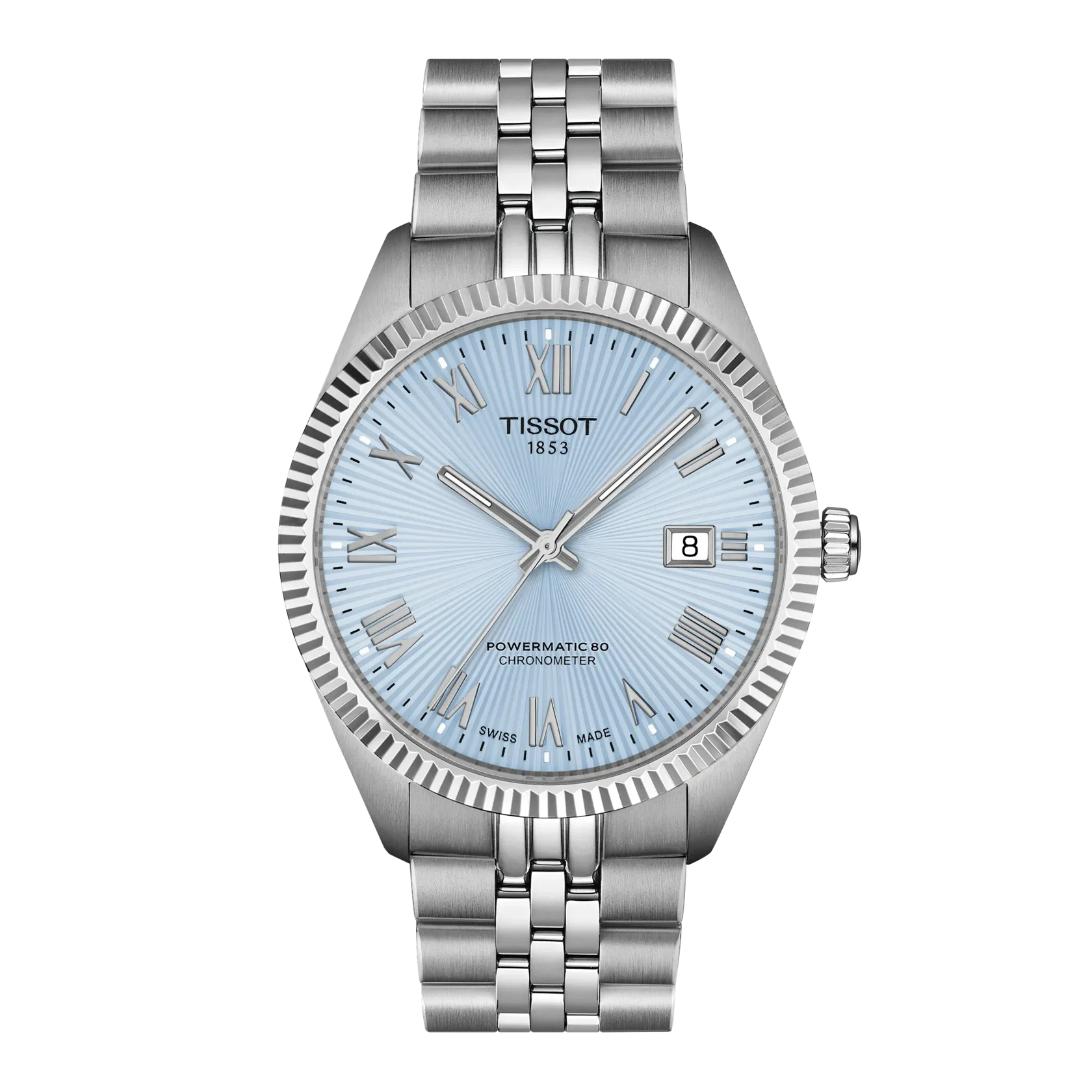 Tissot Powermatic 80 Automatic watch with a silver stainless steel case and link bracelet, featuring a light blue sunburst dial with silver-tone indices and a date window.