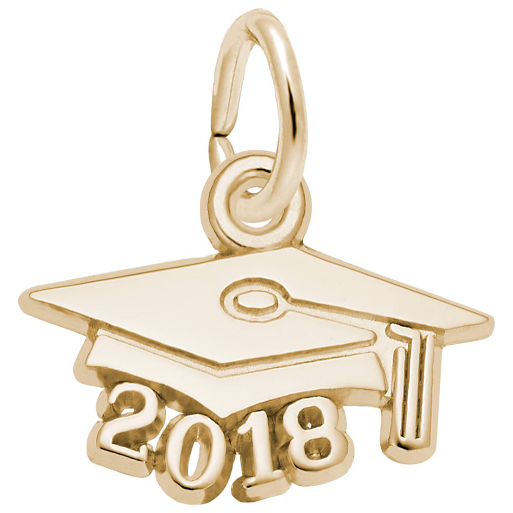 Gold graduation cap charm with '2018' on a white background