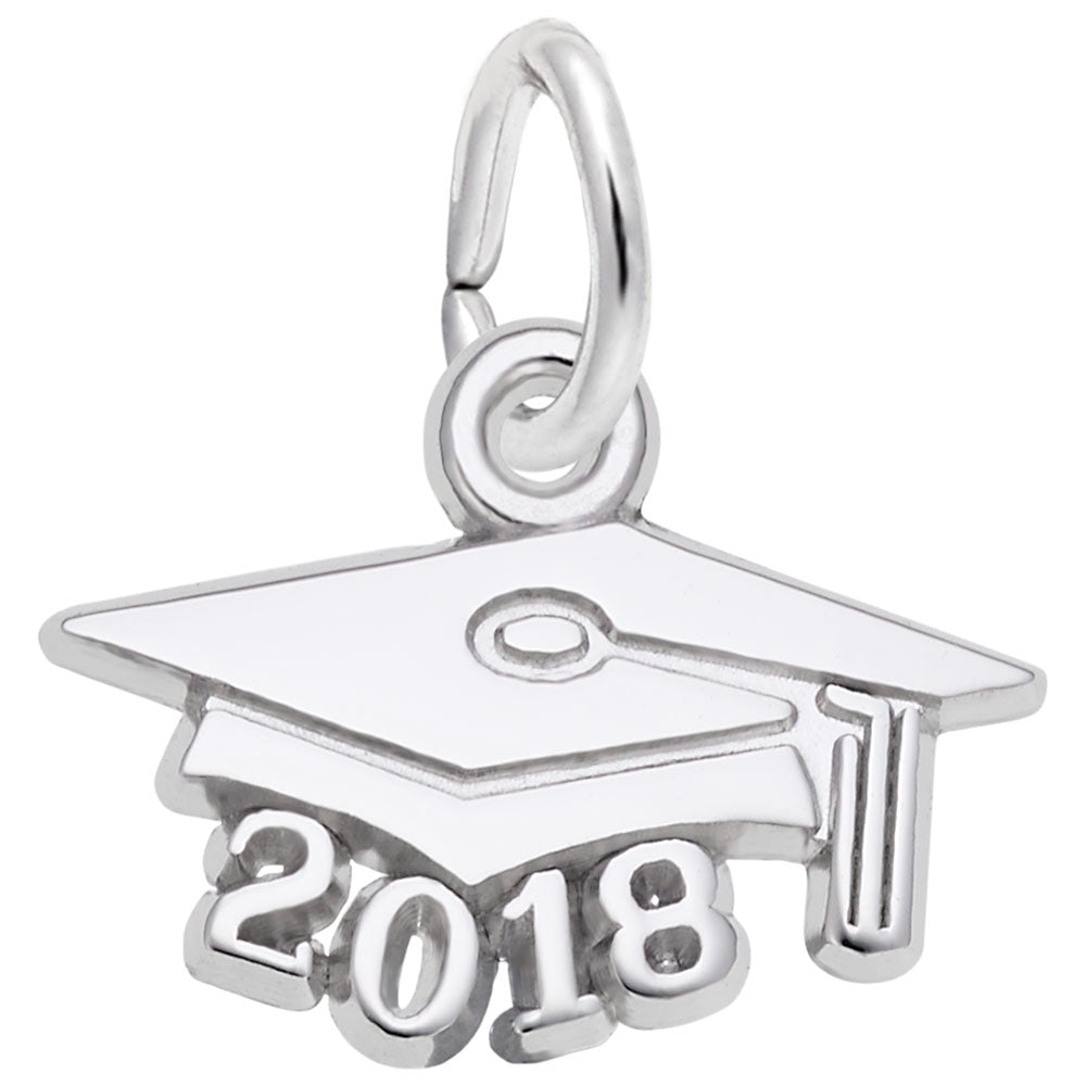 Silver graduation cap charm with '2018' on a white background