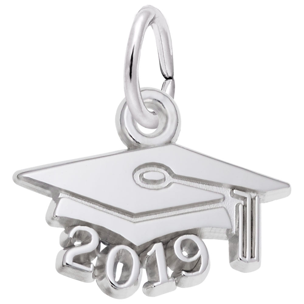 Silver graduation cap charm with '2019' on a white background