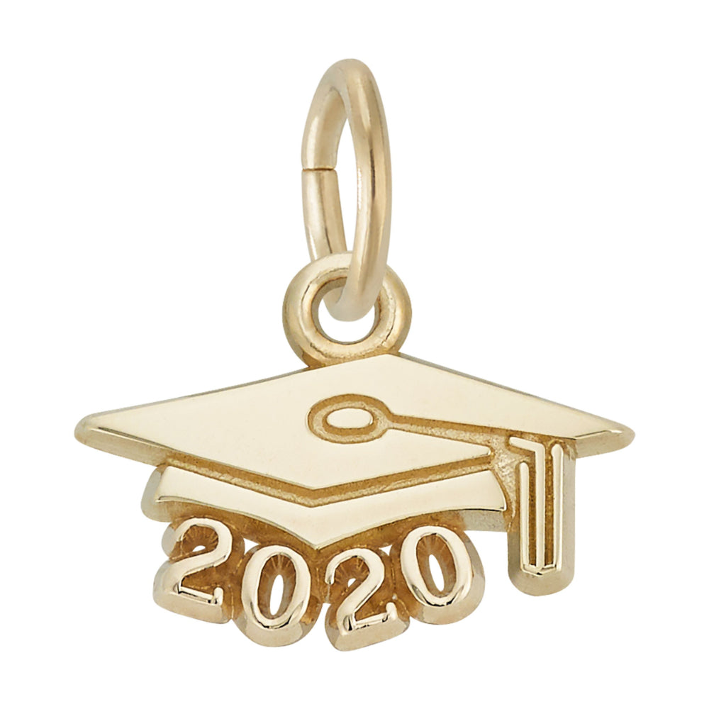 Gold graduation cap charm with '2020' on a white background