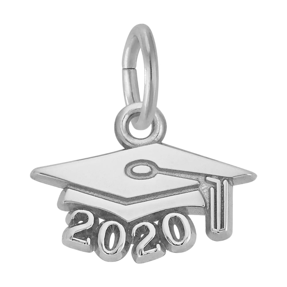 Silver graduation cap charm with '2020' on a white background
