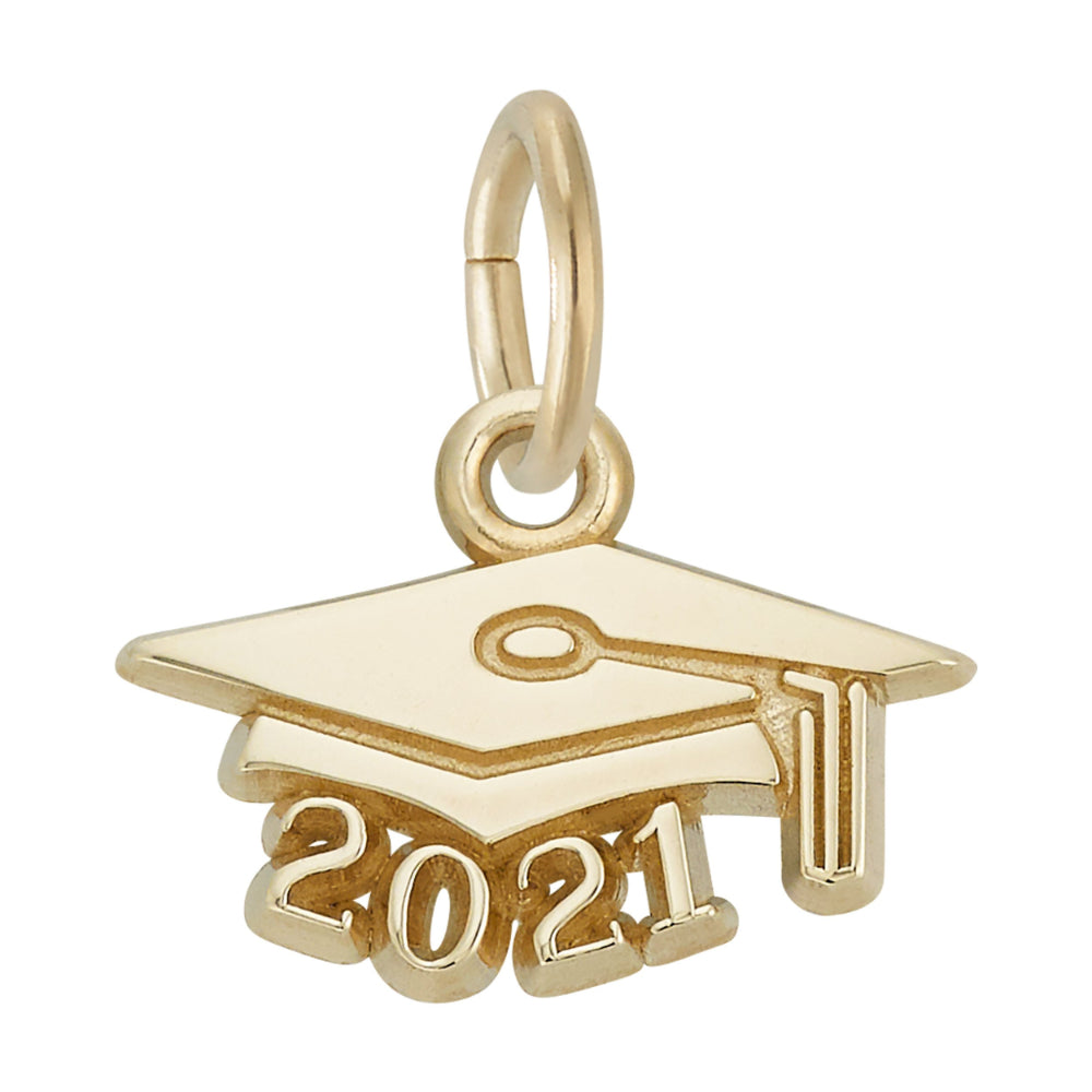 Gold graduation cap charm with '2021' on a white background